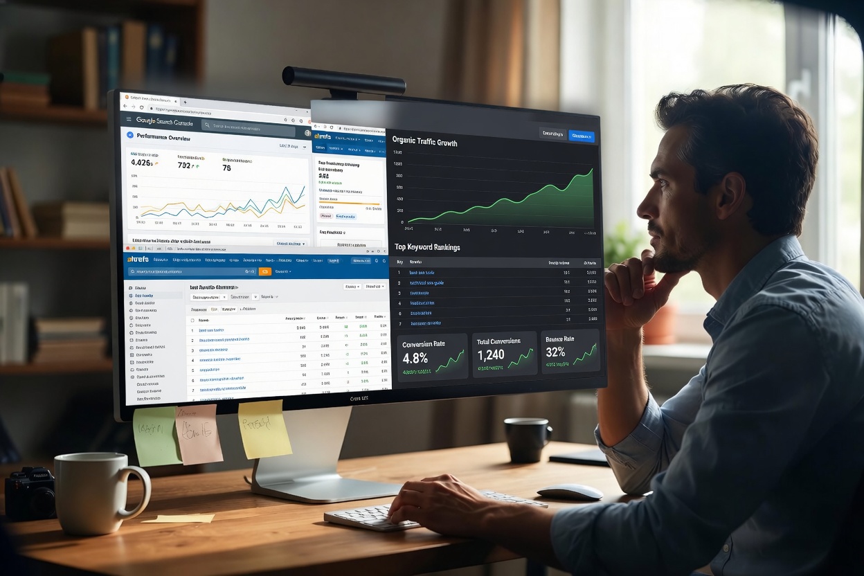 Business owner reviewing SEO analytics dashboards